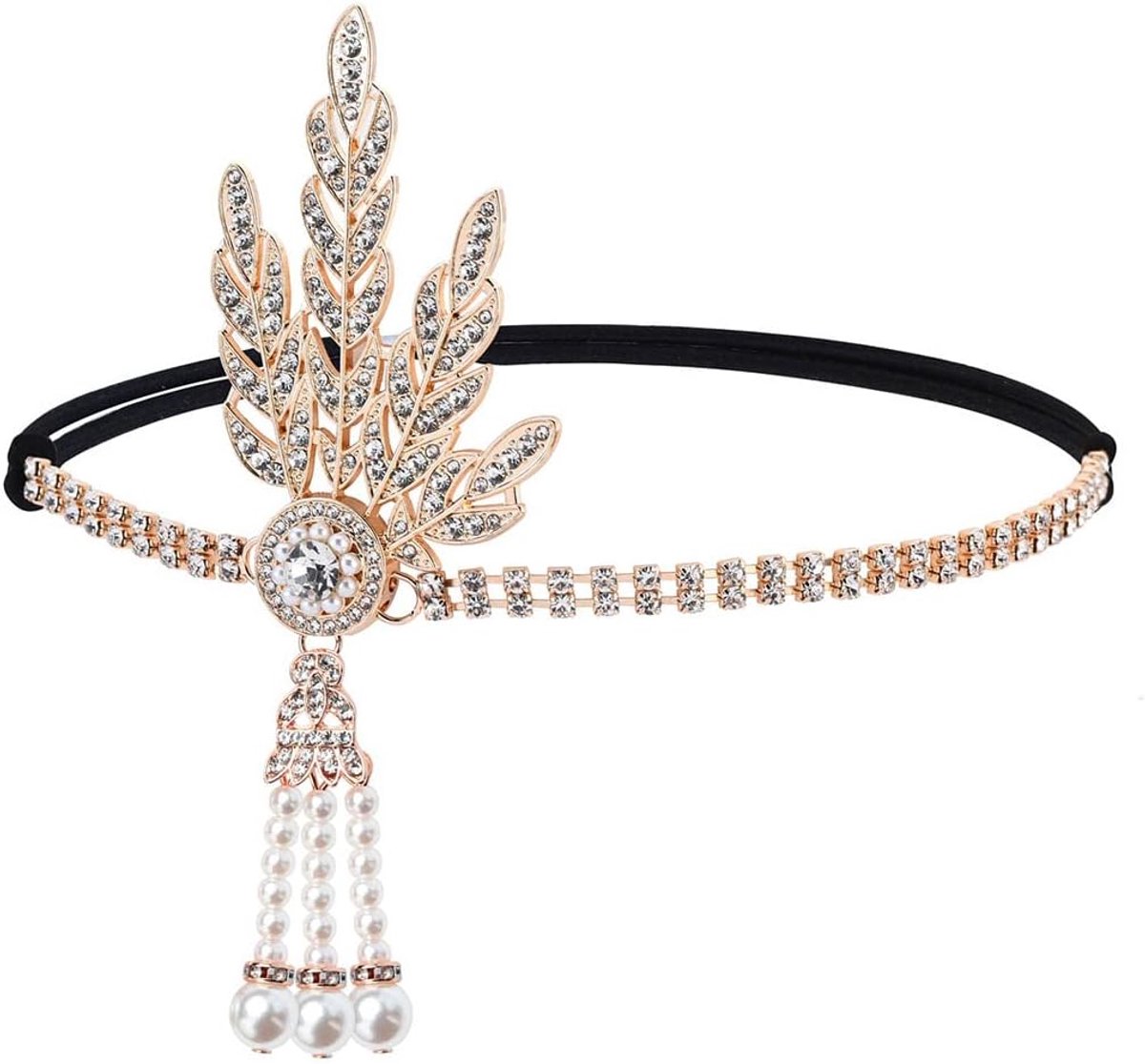 1920's Flapper Hoofdband Blad Rhiestones Gatsby Hoofddeksel Parel Hoofdtooi Hoofdbanden 20s Haaraccessoires Hoofdketting voor Vrouwen en Meisjes