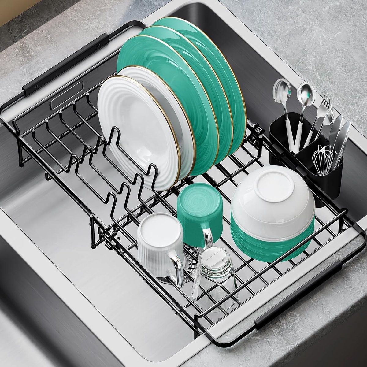 Afdruiprek voor servies, uitbreidbaar afdruiprek boven de gootsteen, afdruiprek voor het aanrecht met keukengereihouder, zwart