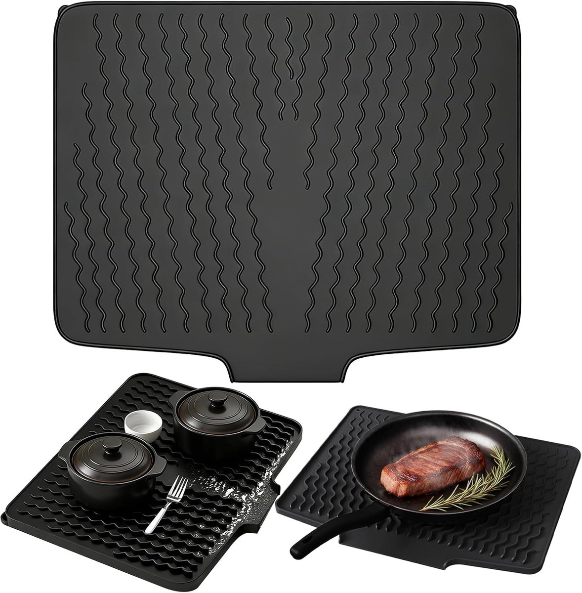 Afdruipmat, afdruipmat, gootsteen, siliconen, 40 × 33 cm, antislip mat | Hittebestendige opvouwbare afdruipmat met groefstructuur voor keukenwerkblad, gootsteen, spoelbak (zwart)