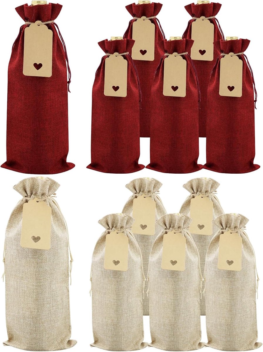 12 stuks hoogwaardige jute wijnzakjes en 12 stuks cadeauhangers, herbruikbare jute wijn-geschenkzakjes, wijnfleszakjes, wijnzakjes voor bruiloft, feest, blindproeverij