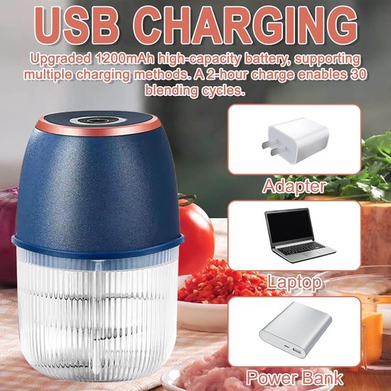 keukenhakmolen, 350 ml, elektrisch, draagbare mini-hakmolen, uiensnijder met USB-aansluiting voor uien, fruit, noten, vlees en knoflook (donkerblauw) — afbeelding 4