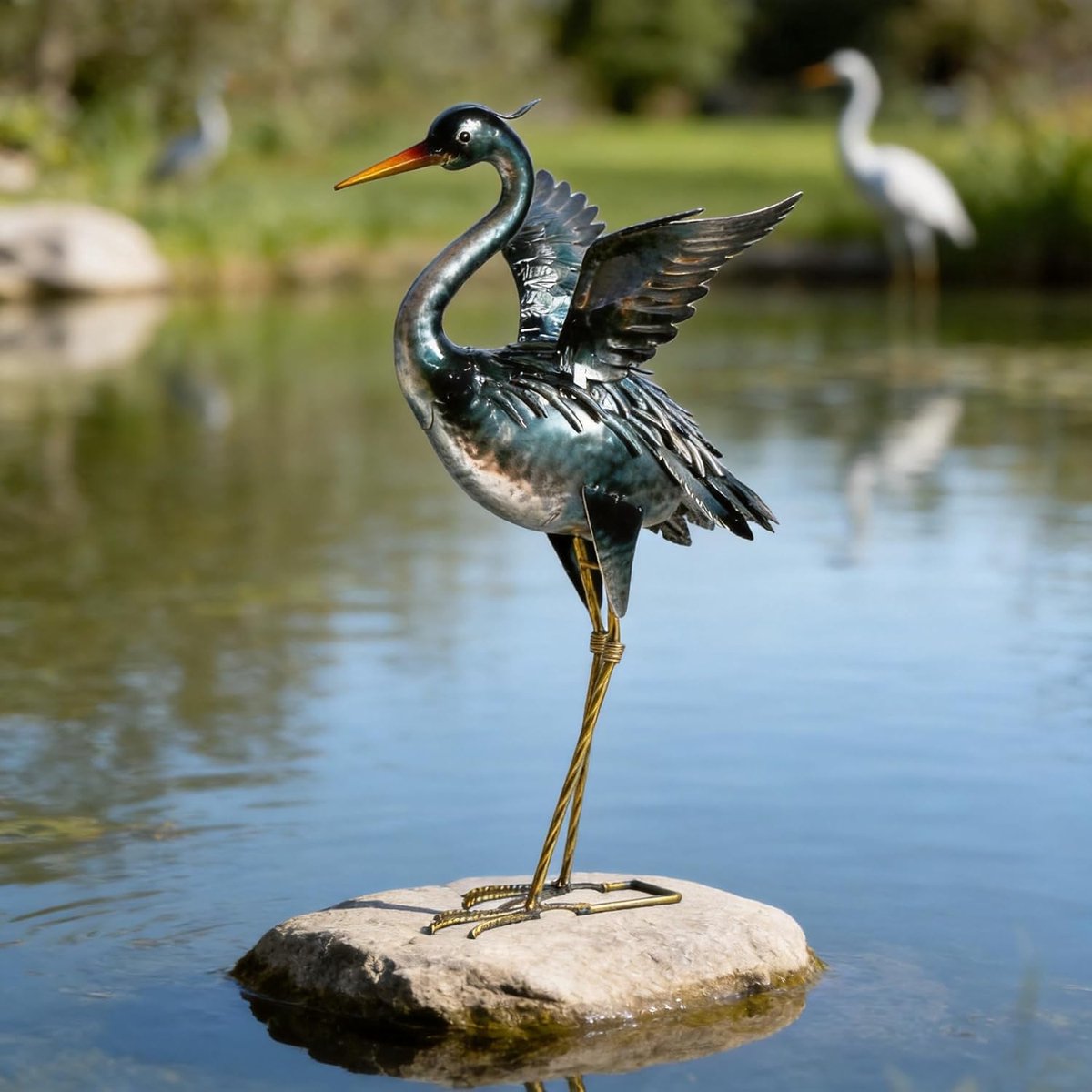 chisheen Kraanvormige tuinbeeldje, sculptuur, metalen reiger, buitendecoratie, tuinkunst, vogellokvogel voor achtertuin, vijver, terras, veranda, gazondecoraties