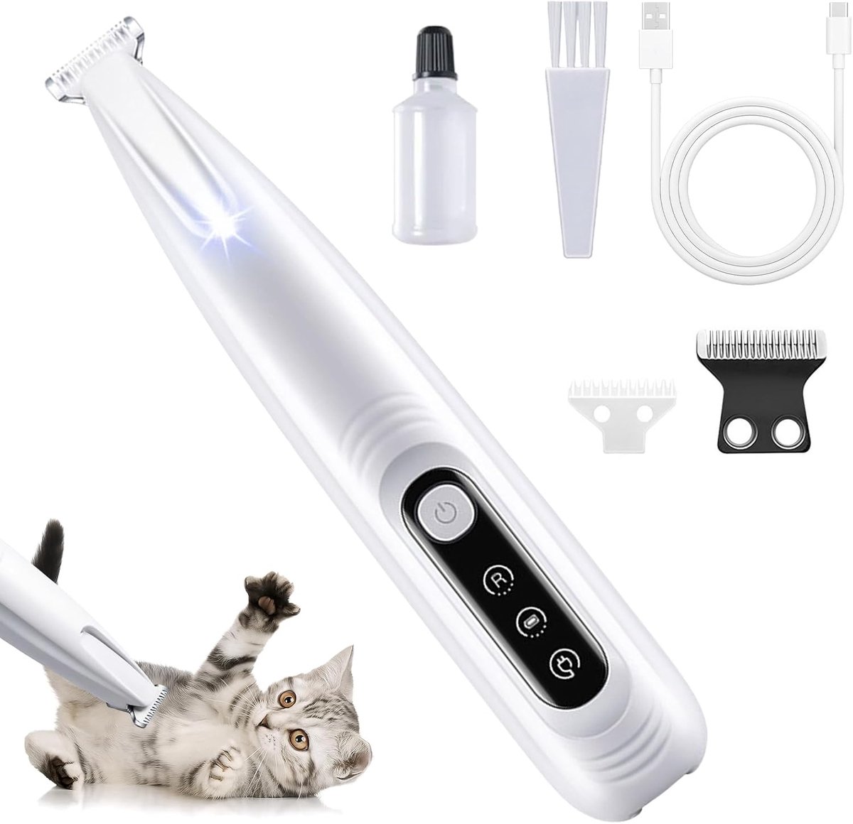 Tondeuse voor honden en katten, met ledlicht, stil, oplaadbaar via USB, waterdicht, tondeuse voor huisdieren, gezicht, oren, ogen, poten, wit (F6)
