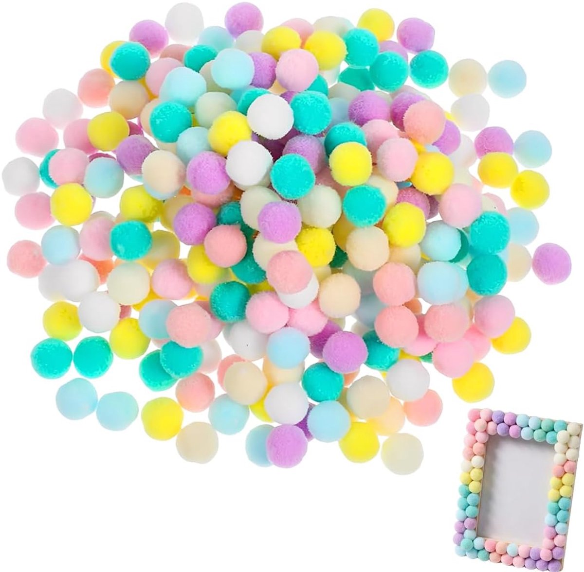 Allen en kleurrijke pompons, kleine pompons voor kinderen, om te knutselen, slingers, kwasten, haaraccessoires en feestdecoraties (1 cm) (macaron)