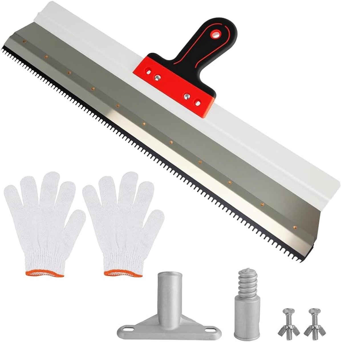 Vlakschraper 560mm met Stijlbevestiging & Handschoenen, Tandschraper met Softgrip, Roestvrijstalen Vlakspatel, Niveleermassa voor Gelijkmatig Aanbrengen van Vloerbekledingsmassa