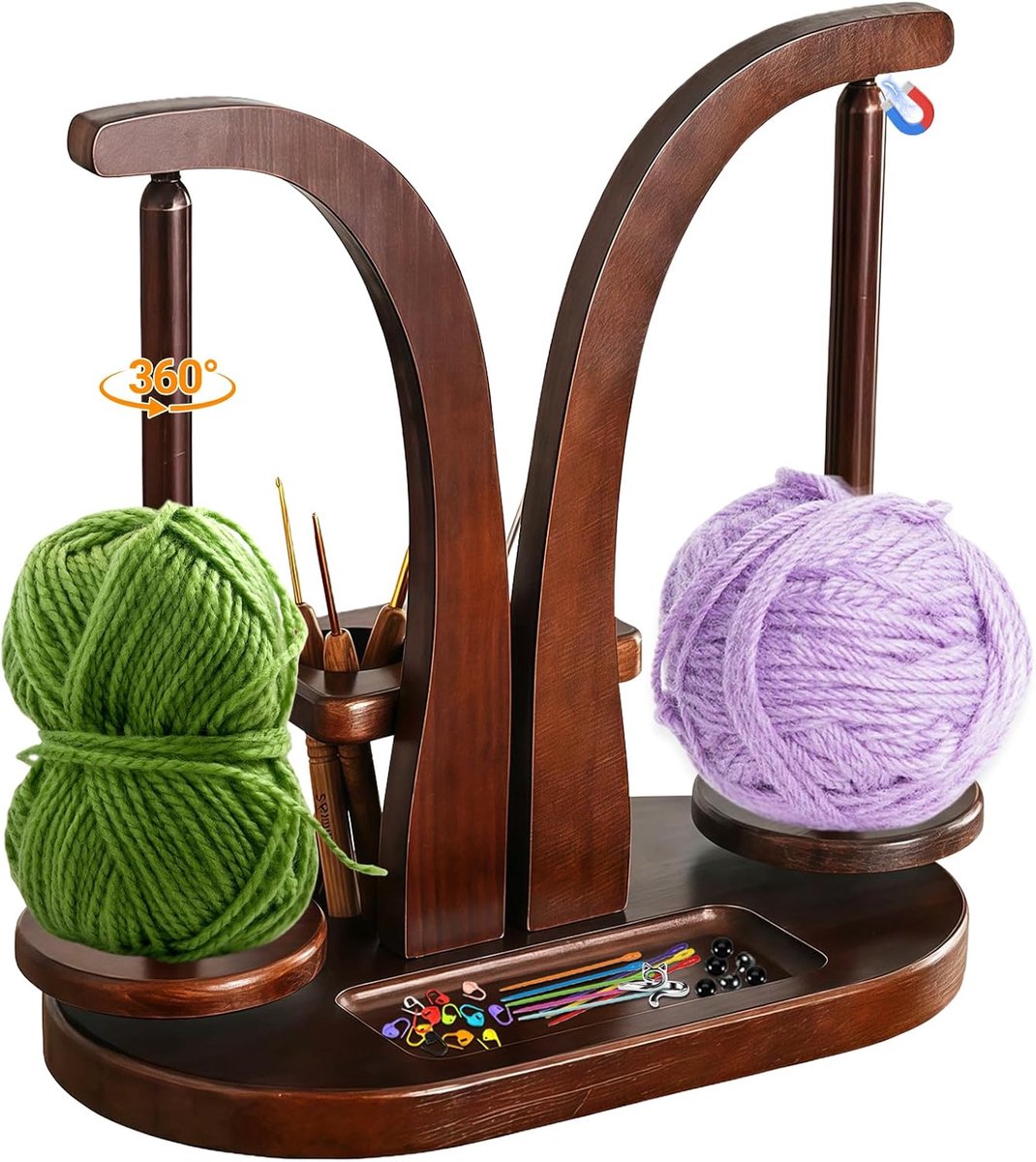 hout, rolhouder voor haken, breien, magnetisch, met breiaccessoires, opslag, dubbele garenhouder, wolhouder, roterende wolwikkelaar voor haken, breien, naai-accessoires