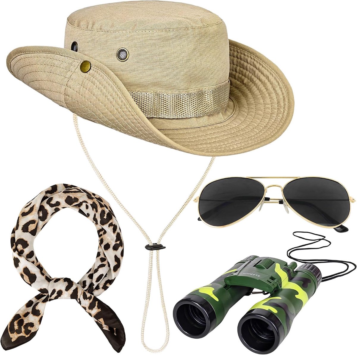 4 Stuks Safari Kostuum Accessoires Set, Safari Hoed Explorer Zoo Keeper Kostuum met Luipaard Print Sjaal Groene Verrekijker voor Vrouwen Dress Up