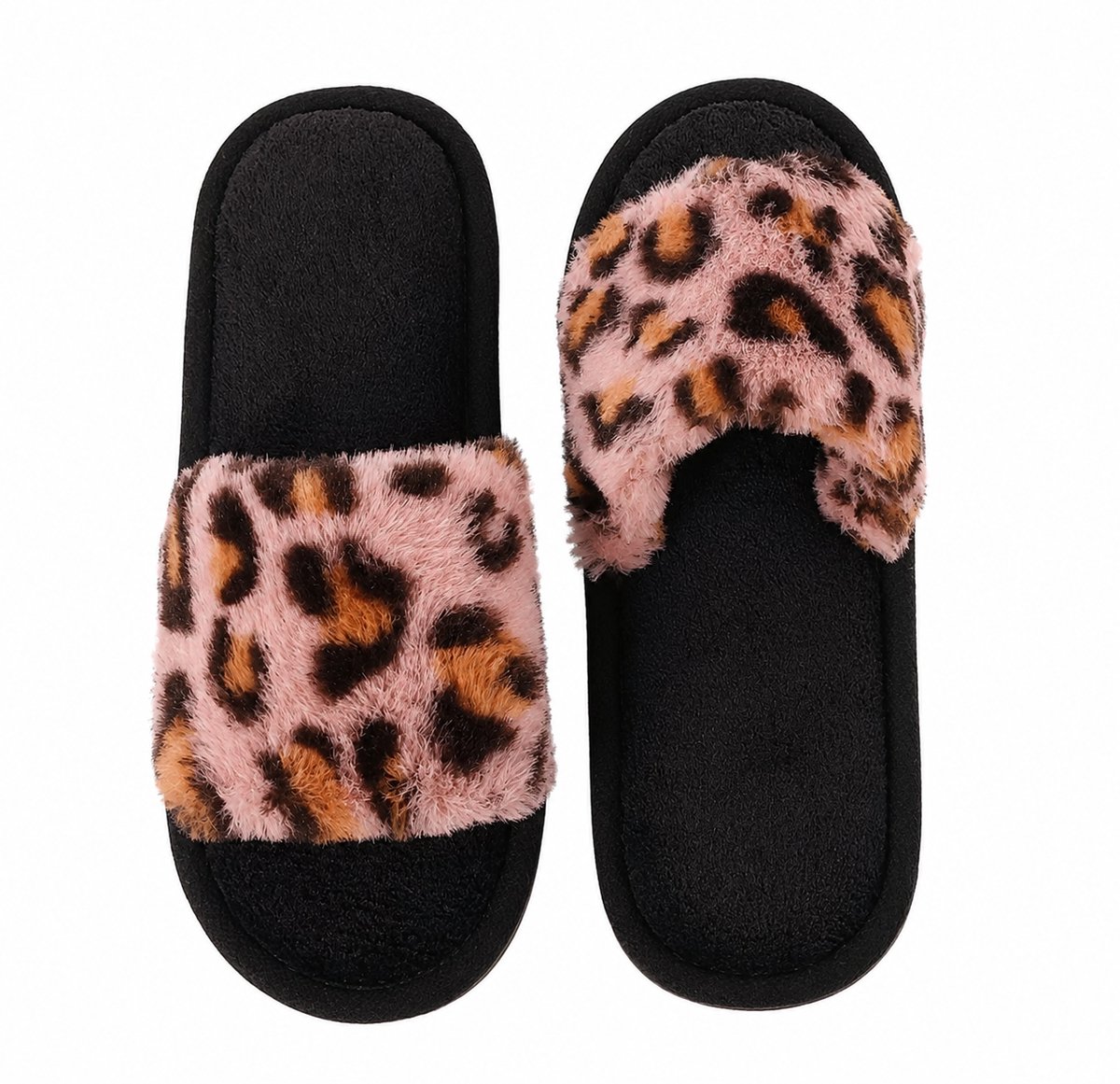 Scharlaken dames pantoffels instap slippers pluche luipaard print warme huis slippers zachte zool open teen winter slippers maat 36