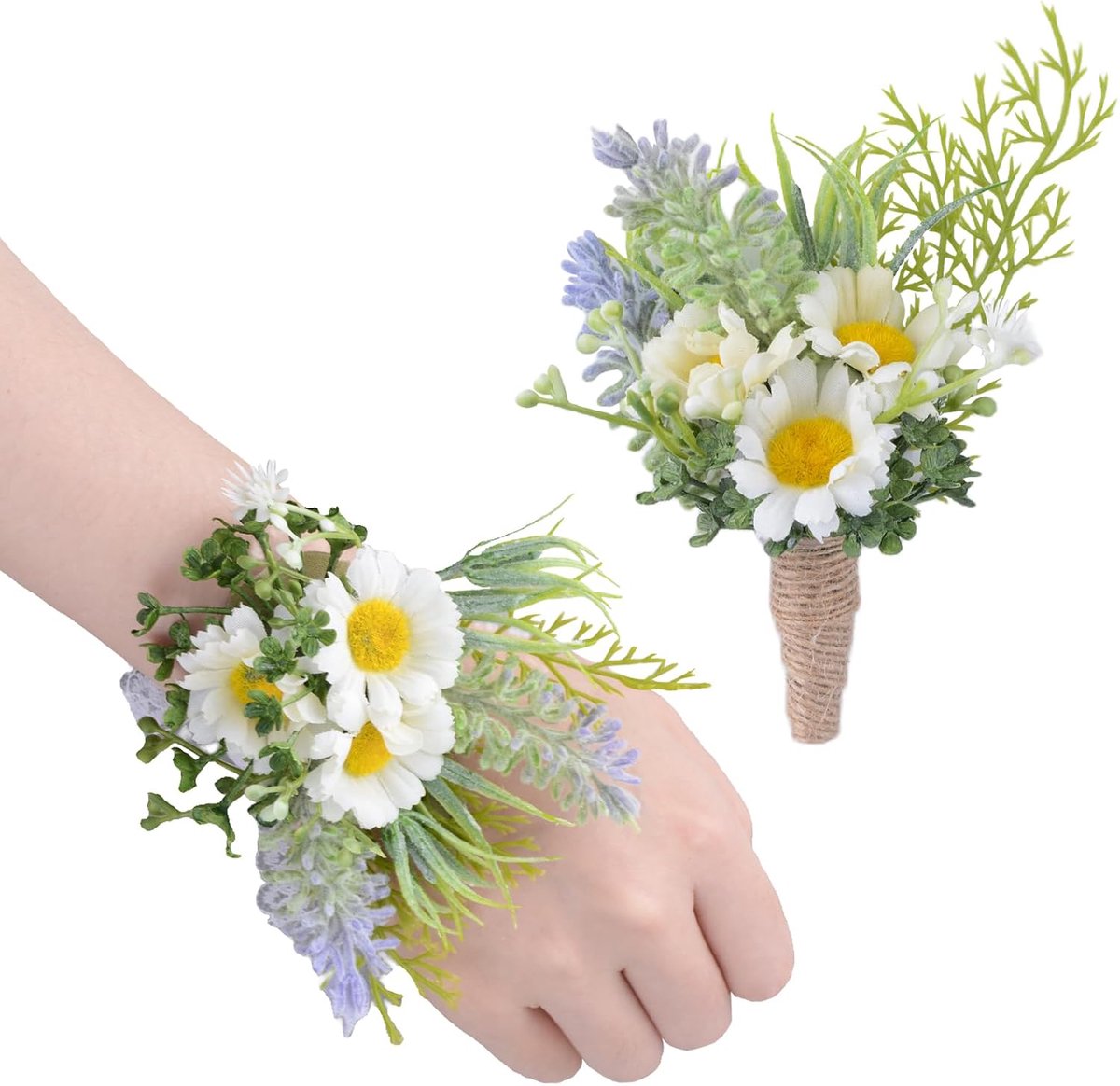 2 Stks Witte Daisy Corsage Pols Bloem Set Kunstmatige Hand Bloem en Boutonniere Set voor Homecoming Afstuderen Prom Bruids Bruiloft Party