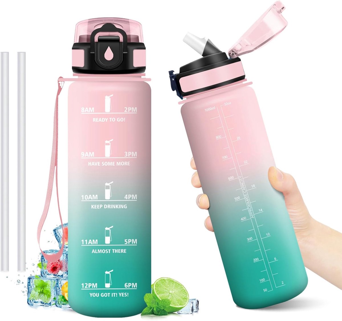 Drinkfles met rietje, 1 l, sportfles met tijdweergave, herbruikbaar, BPA-vrij, lekvrij, voor camping, studenten, kantoor