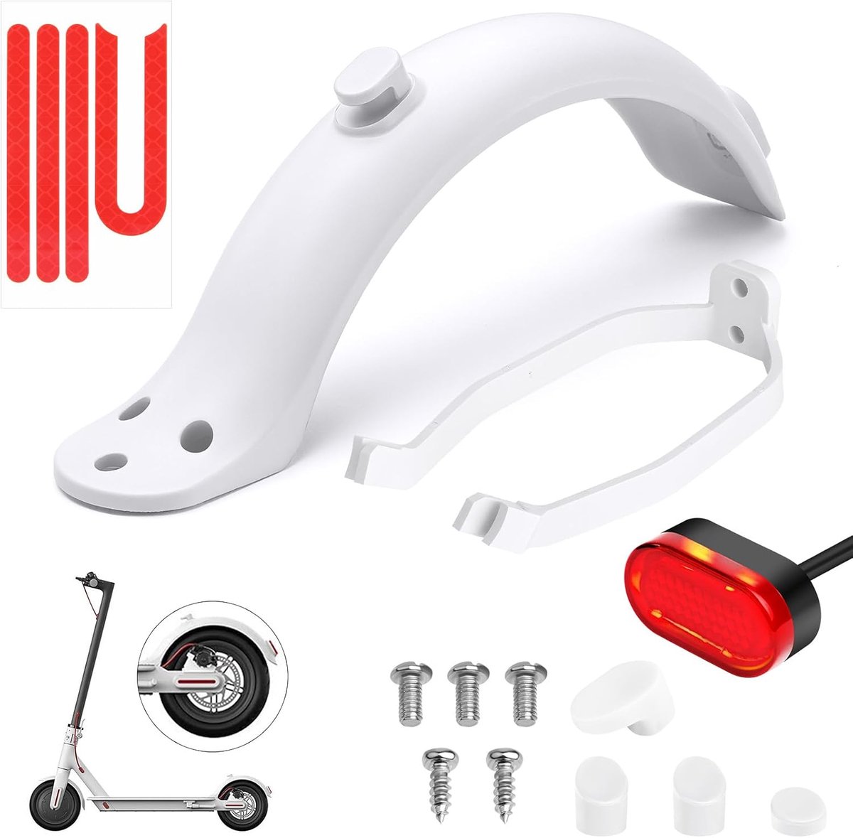 Elektrische Scooter achterspatbord set, 1 achterspatbord+1 spatbord beugel+1 LED achterlicht+1 reflecterende strip, scooter vervangende accessoire
