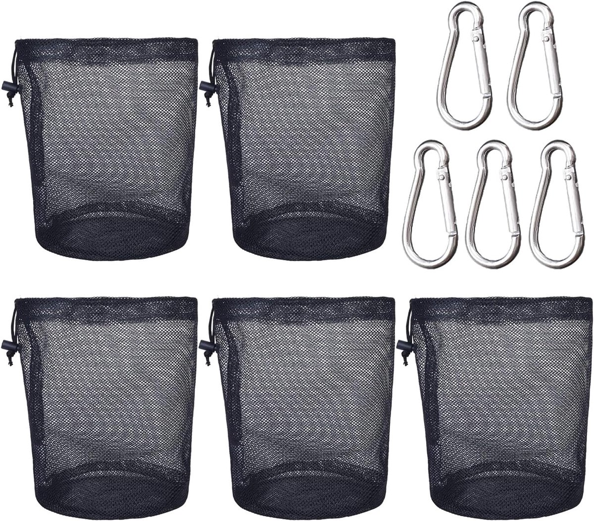 5 Zwart trekkoord Mesh-tassen, 5 karabijnhaken, multifunctionele opbergzakken, reisbenodigdheden, opslag van kleding, schoenen, cosmetica