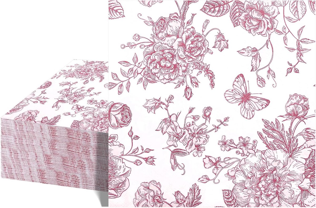 Servetten, wegwerp roze en witte toile cocktailservetten, chinoiserie feestservetten, vintage bloem- en vlinderontwerp servet voor tuinfeest, bruidsshower en babyshower (2-laags