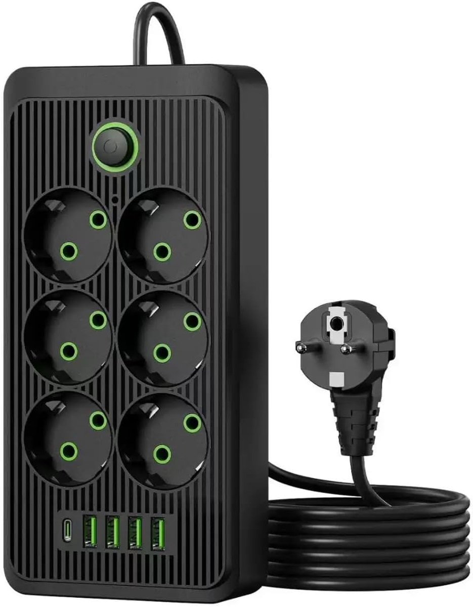 11-in-1 stekkerdoos met overspanningsbeveiliging, 6 stopcontacten en 5 USB-poorten – 2 m verlengsnoer (2500 W/16 A) met schakelaar en overbelastingsbeveiliging – Zwart