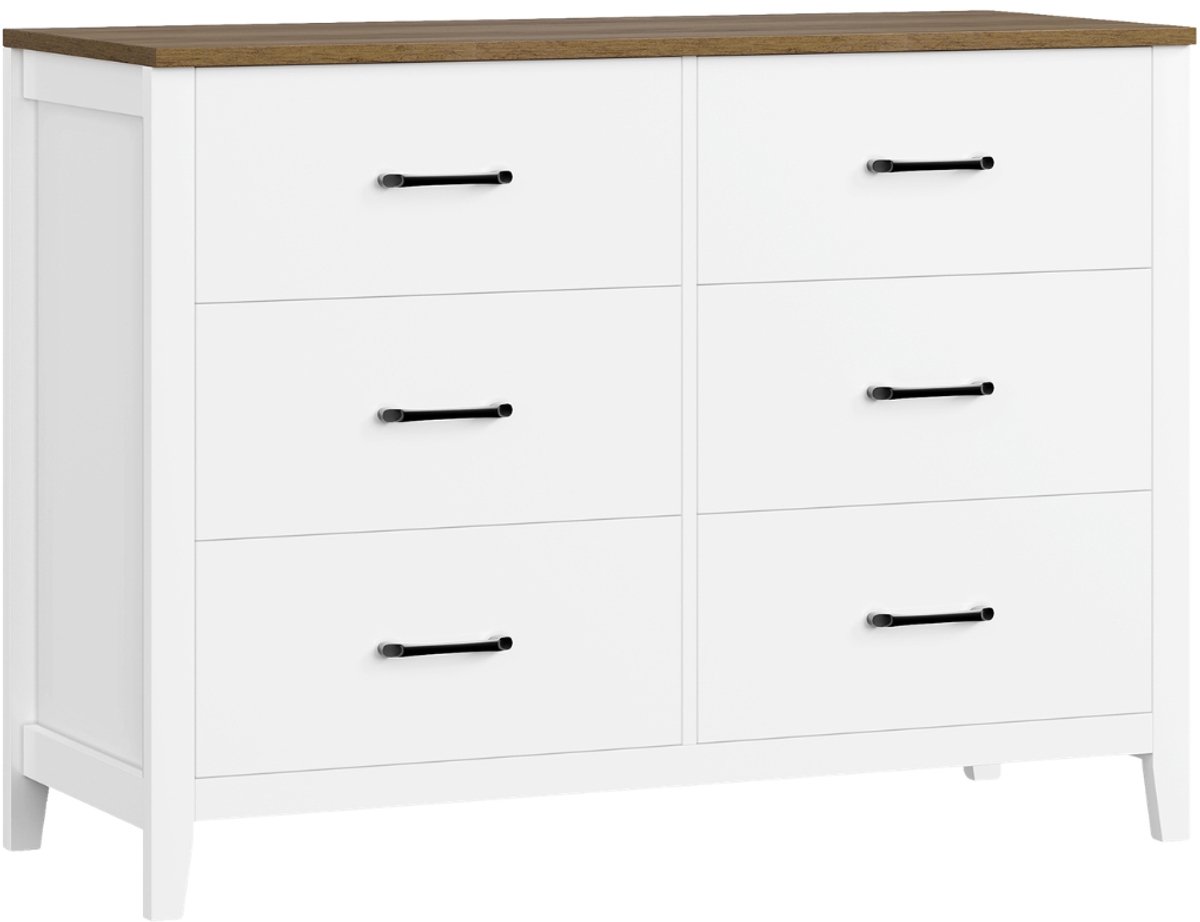 Dresser met 6 Laden – Voor Slaapkamer of Woonkamer – Opbergkast / Sideboard – Zwart met Houten Bovenblad