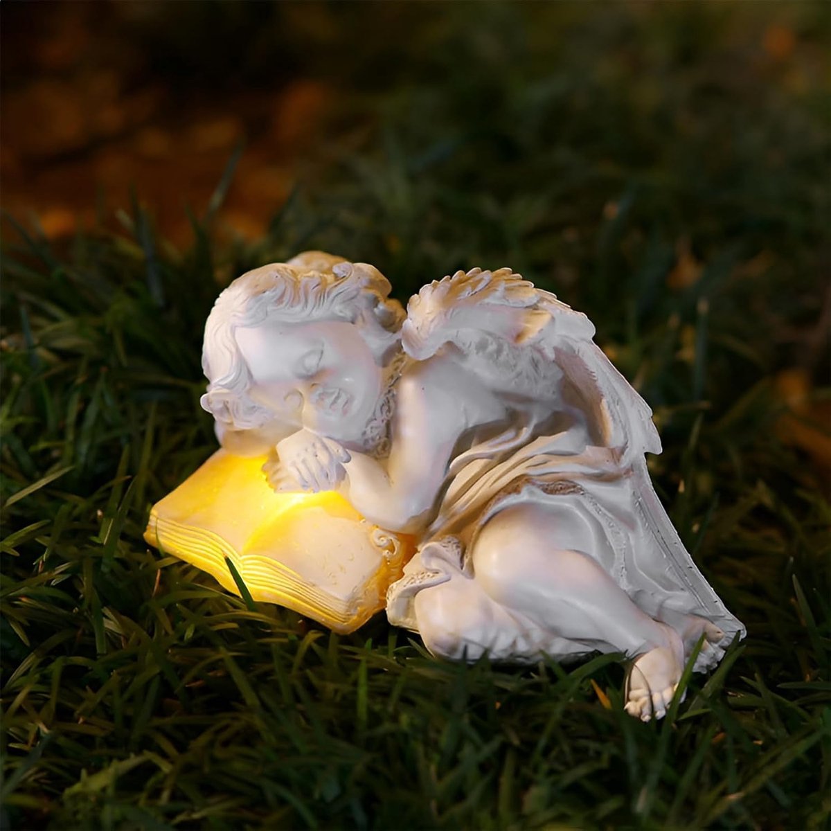 SnelShoppen - Slapende Engel Tuinbeeld op Boek met LED-Zonnelamp, Weerbestendig, UV-Bestendig, Vredige Sfeer Creator, Ideaal als Graf- of Tuindecorati