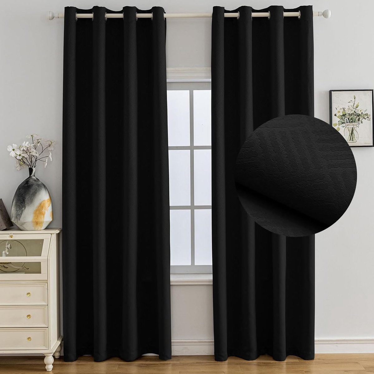 Set Van 2 Thermische Verduisterende Gordijnen, 140x240 CM, Warmte-Isolerende Gordijnen, Geschikt Voor Woonkamer Slaapkamer, Modern Design Met Oogjes, Zwart