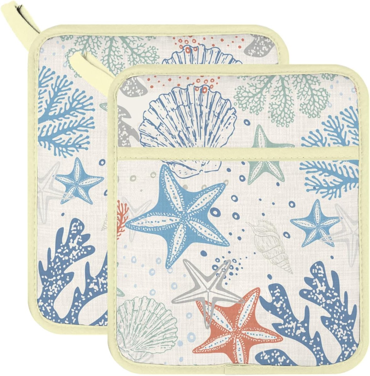 Pannenlappen voor Keuken Katoen Pannenlap Hittebestendige Pannenlappen Sets Oven Hot Pads Hot Pot Houder voor Koken Bakken Zeeschelp Zeester, 7,9x9,5 inch