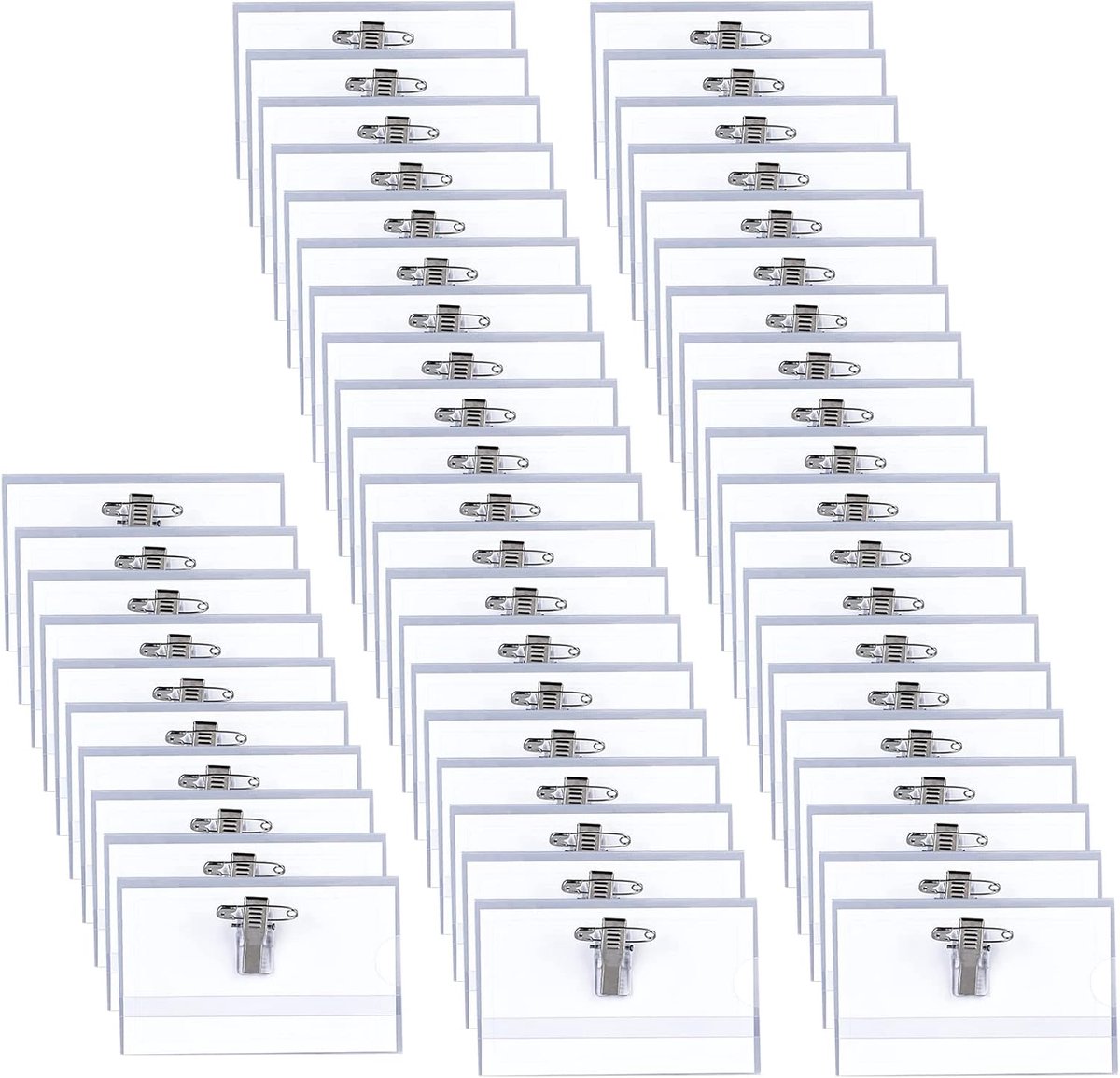 Naambordjes, 50 stuks naamplaatjes voor kledingclip, transparant, naamplaatje met clip en veiligheidsspeld, duurzame naamplaatje voor kantoor, school (90 × 56 mm)
