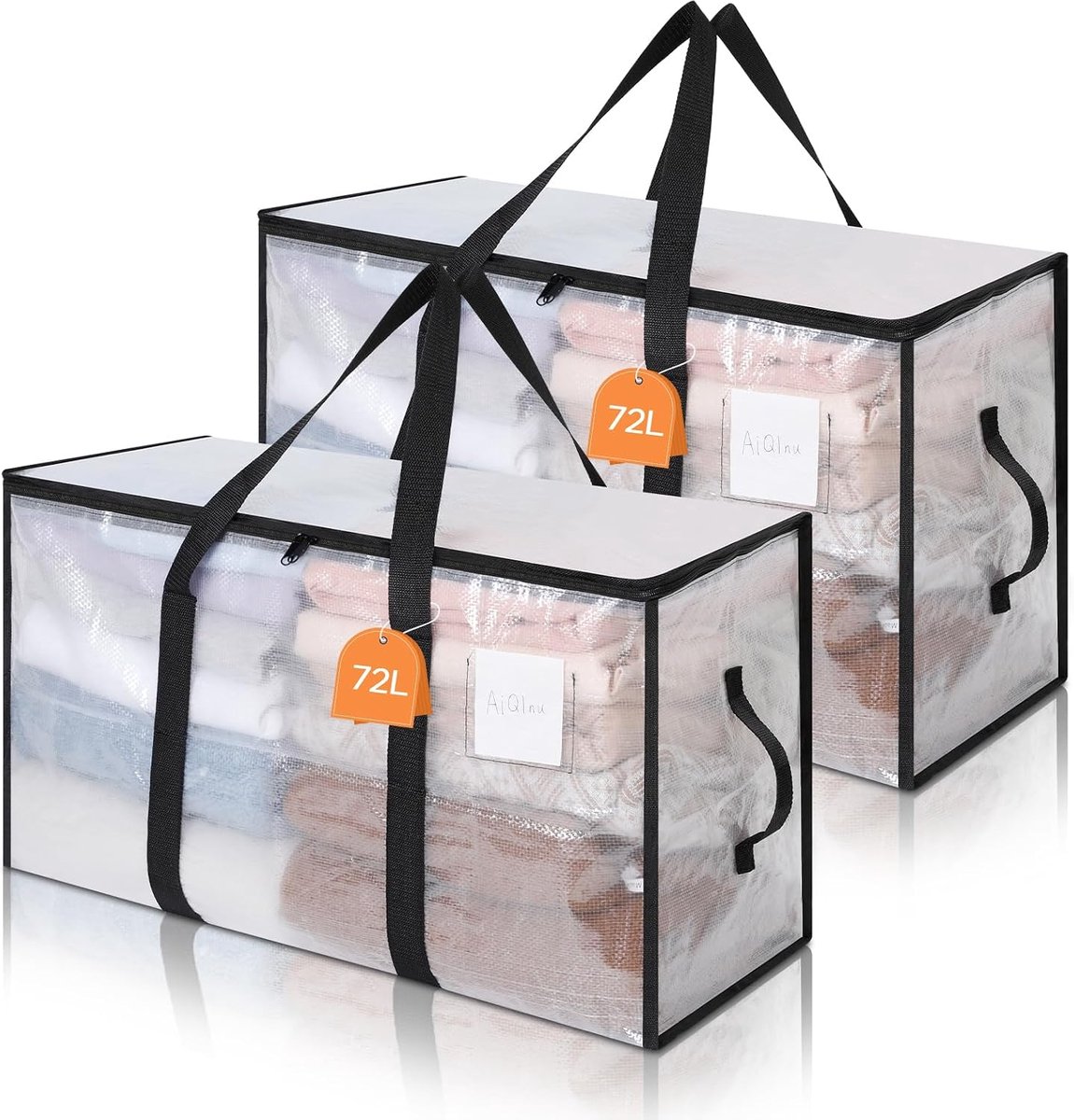 2 stuks verhuiszakken 72 l, transporteerbare verhuisdozen met ritssluitingen en handgrepen, transparant, opbergdozen voor kast, onderbedcommode voor het opbergen van voorwerpen, dekbedden,