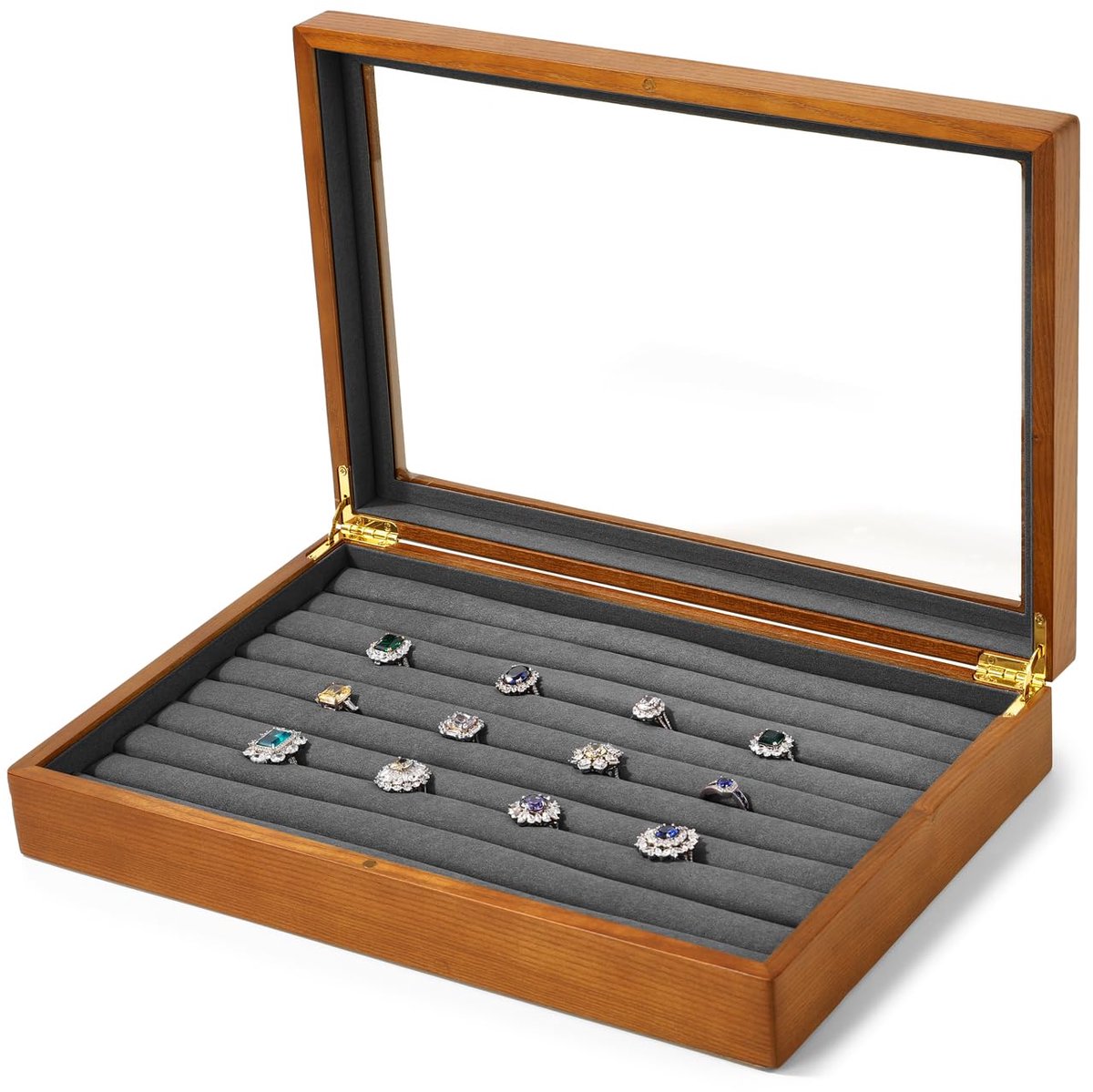 SnelShoppen - Massief Houten Sieradendoos met Glazen Deksel - 9 Sleuven voor Ringen en Oorbellen - Perfecte Opbergdoos voor Sieraden en Accessoires