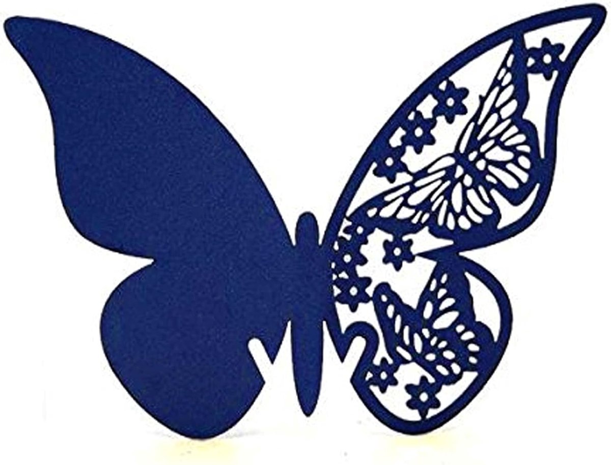 50 stuks vlindertrechterlier,tafelkaarten,naamkaarten,glazen hangers,muurstickers voor tafeldecoratie,bruiloft,feest,huisdecoratie,vlinder,tafelkaarten,laserplaatskaarten,naamkaarten,koningsblauw