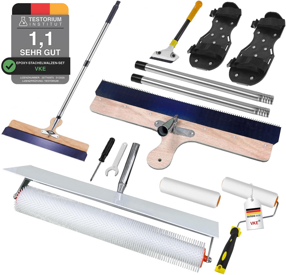 SnelShoppen - Zelfnivellerende Roller Set voor Epoxyhars, 11 mm Ontluchtingsroller met Spatbescherming, 30 mm Spike Schoen, Cement Schraper en 162 cm