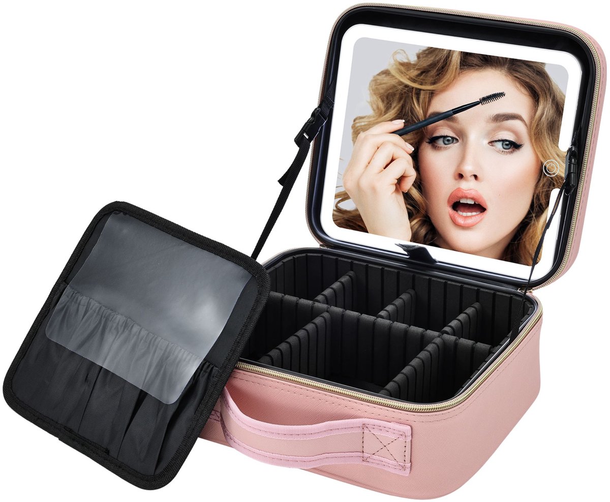 Make-up Tas Deluxe - LED Spiegel 3 Lichtstanden - Reis Make-up Organizer - Compact Design