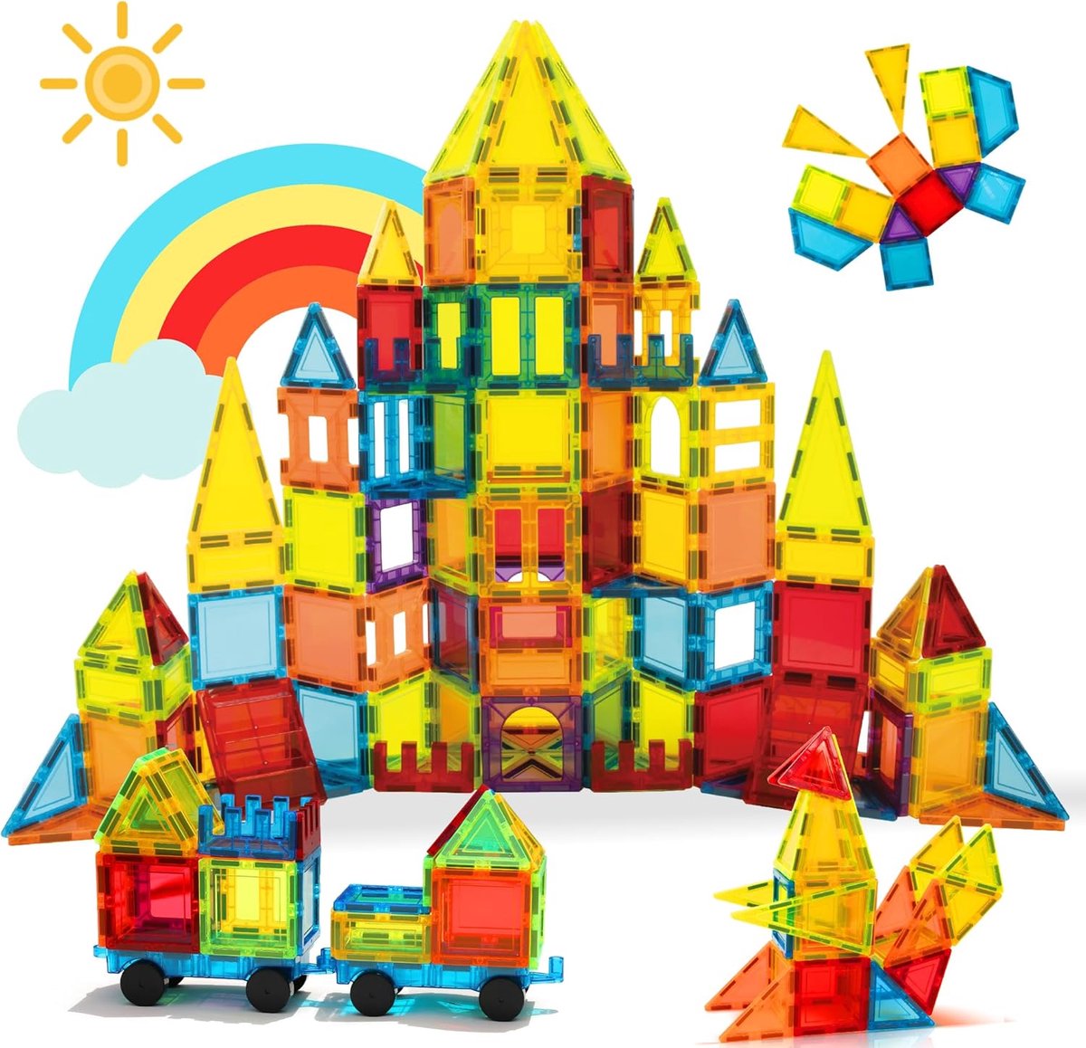 Magnetische bouwstenen voor kinderen, 131 delen met 2 auto's, STEM magnetische bouwstenen, speelgoed voor jongens en meisjes van 3, 4, 5, 6, 7, 8 jaar