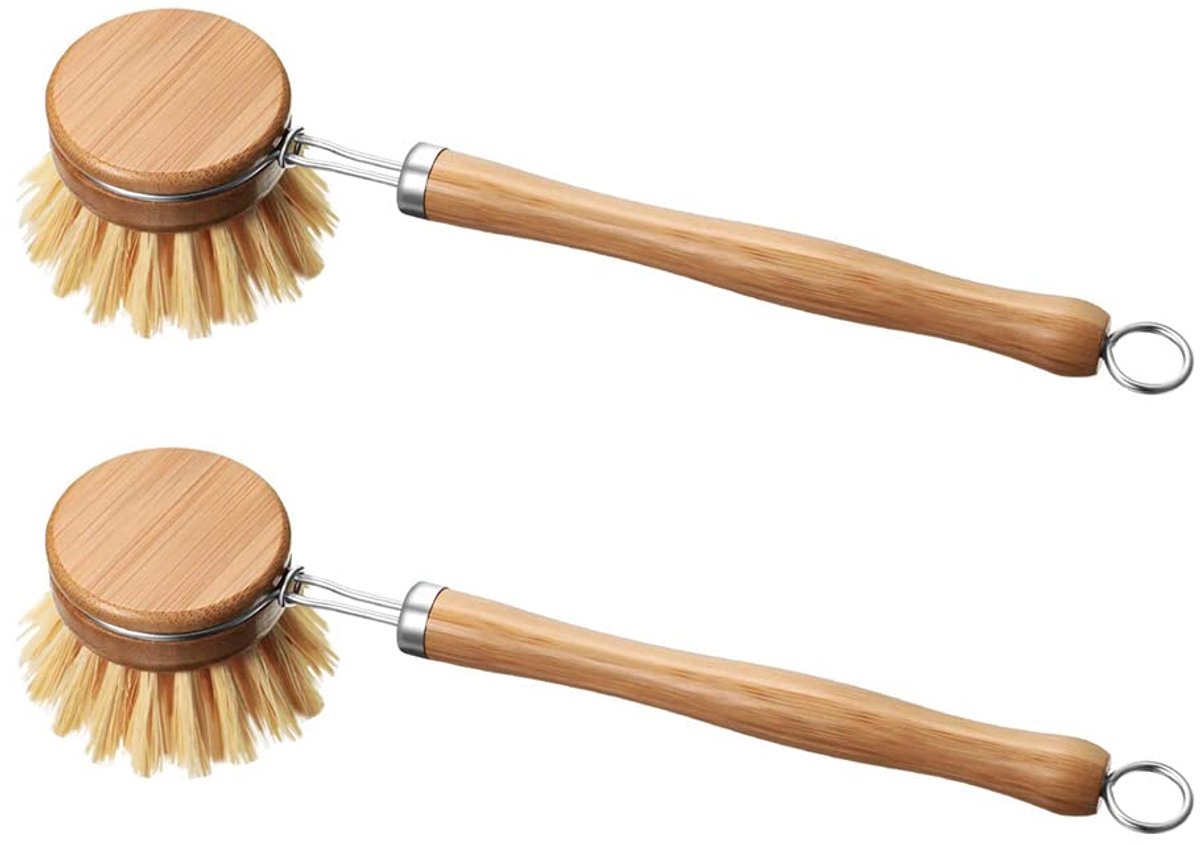 borstelkop Bamboe Afwasborstel, Pan & Pot Reinigingsborstel Lange Steel Scrubber Afwasborstels Keukenborstels Met Handvat Hout (originele kleur)