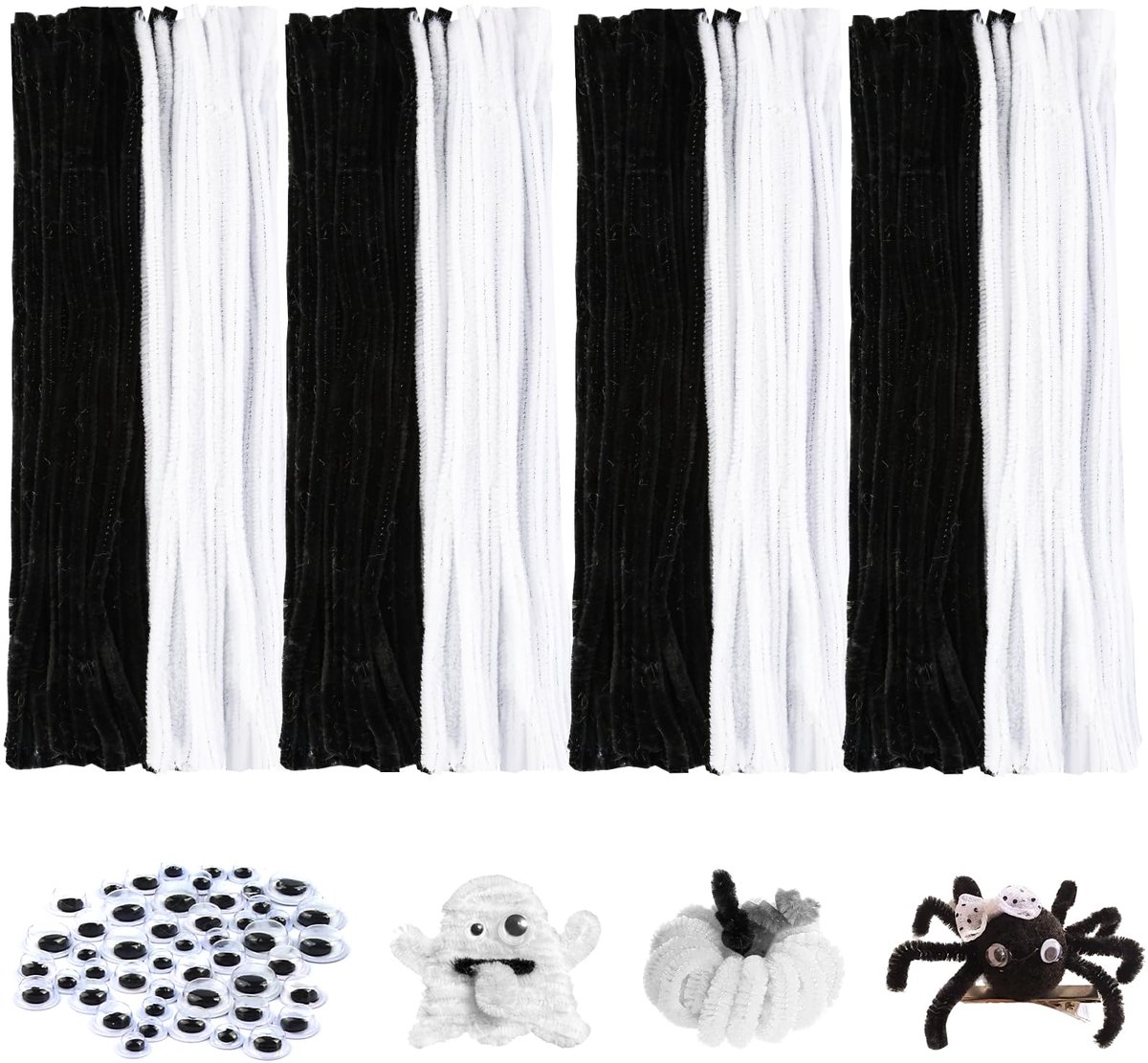 300 stuks pijpenragers om te knutselen, 200 pijpenragers zwart en 100 pijpenragers wit, chenilledraad met 50 zelfklevende wiebelogen in 5 maten voor Halloween ambachtelijke decoratie
