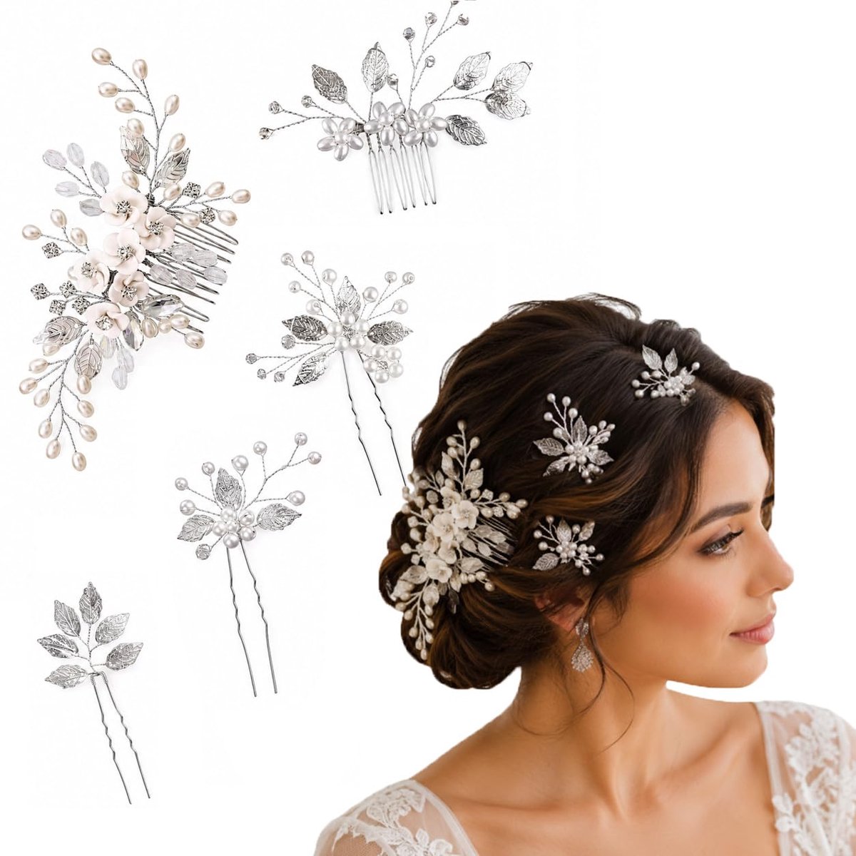 5-delige set zilveren bruiloft haarkammen bruid haaraccessoires bloem haarspelden bloemen haarkammen hoofdtooi bruiloft voor bruid bruidsmeisje