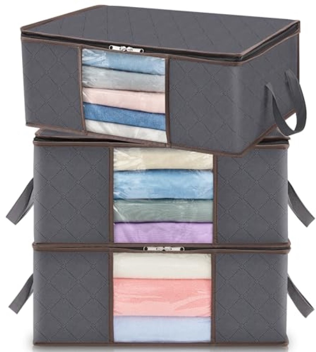 Opbergtas met Versterkte Handgrepen - Kleding Organizer met Transparant Venster - Opbergbox onder Bed - Opvouwbare Kast Organizer - 35 Liter - Set van 3 - Grijs