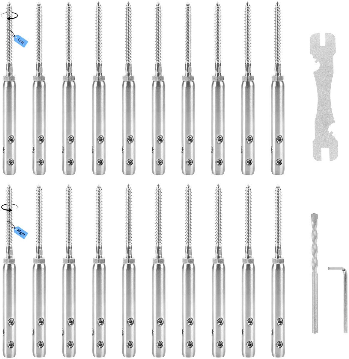 Draadspanner, hekspanner, 3 mm spanschroef, kabelspanner, draadspanner, T316 roestvrij staal, set om te schroeven, voor hekspanner, draadspanner, leuning, 10 x rechtse schroefdraad en 10 x