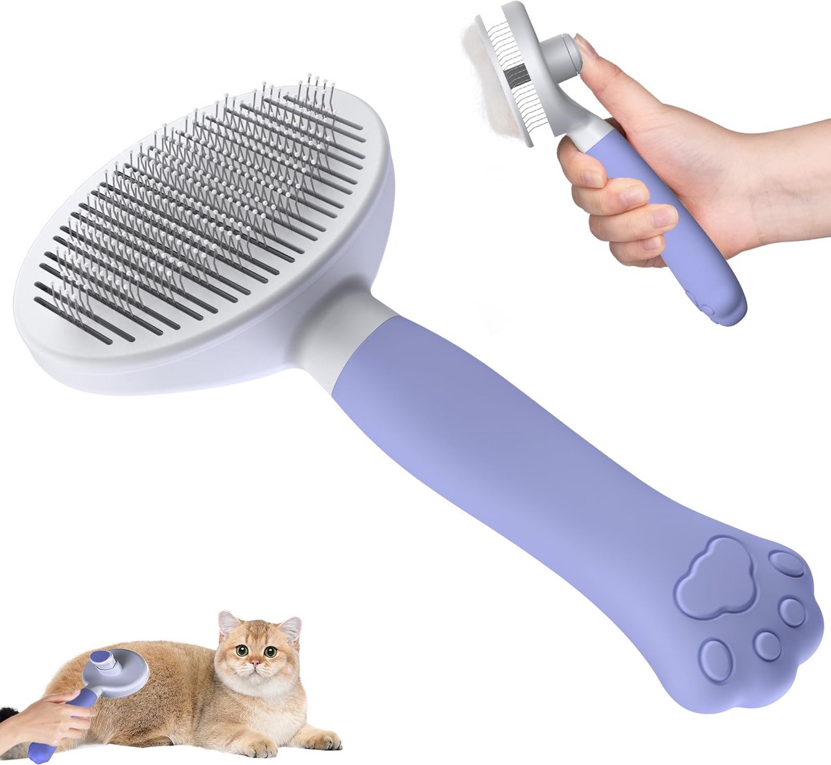 Kattenborstel Hondenborstel [Ergonomisch Handvat & One-Click Reiniging & Gepatenteerd Ontwerp] – Voor Kortharige en Langharige Honden/Katten/Konijnen (Paars)