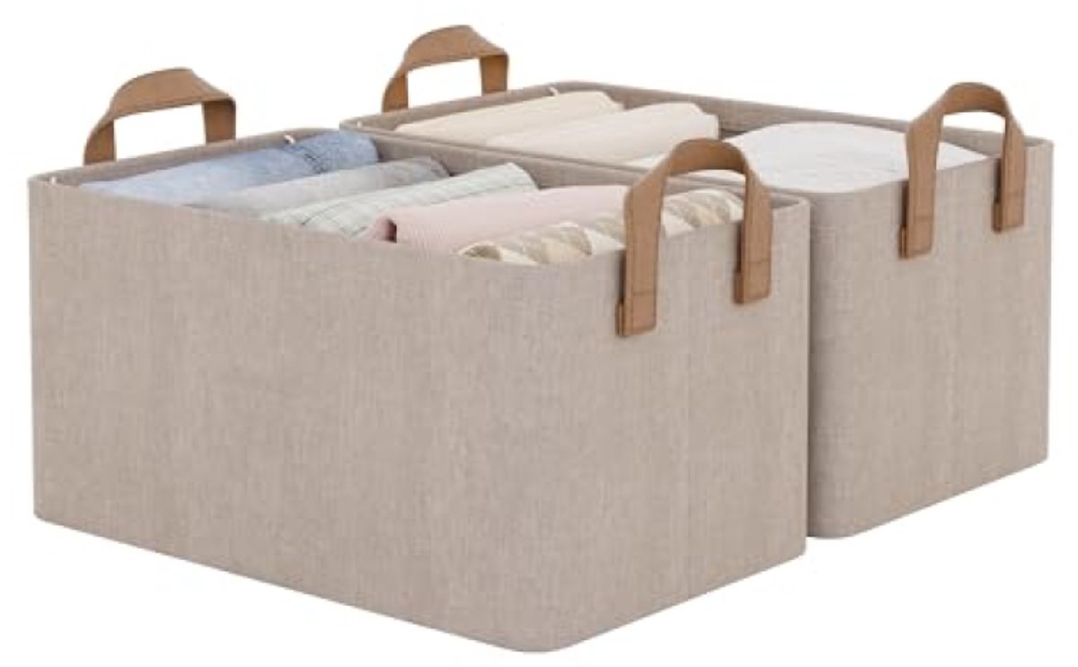 Huis Geluk Opbergdozen set van 2 - 37.5 x 26 x 21 cm - Opvouwbare stoffen manden met handvatten voor plank - Decoratieve opbergmand - Bruin