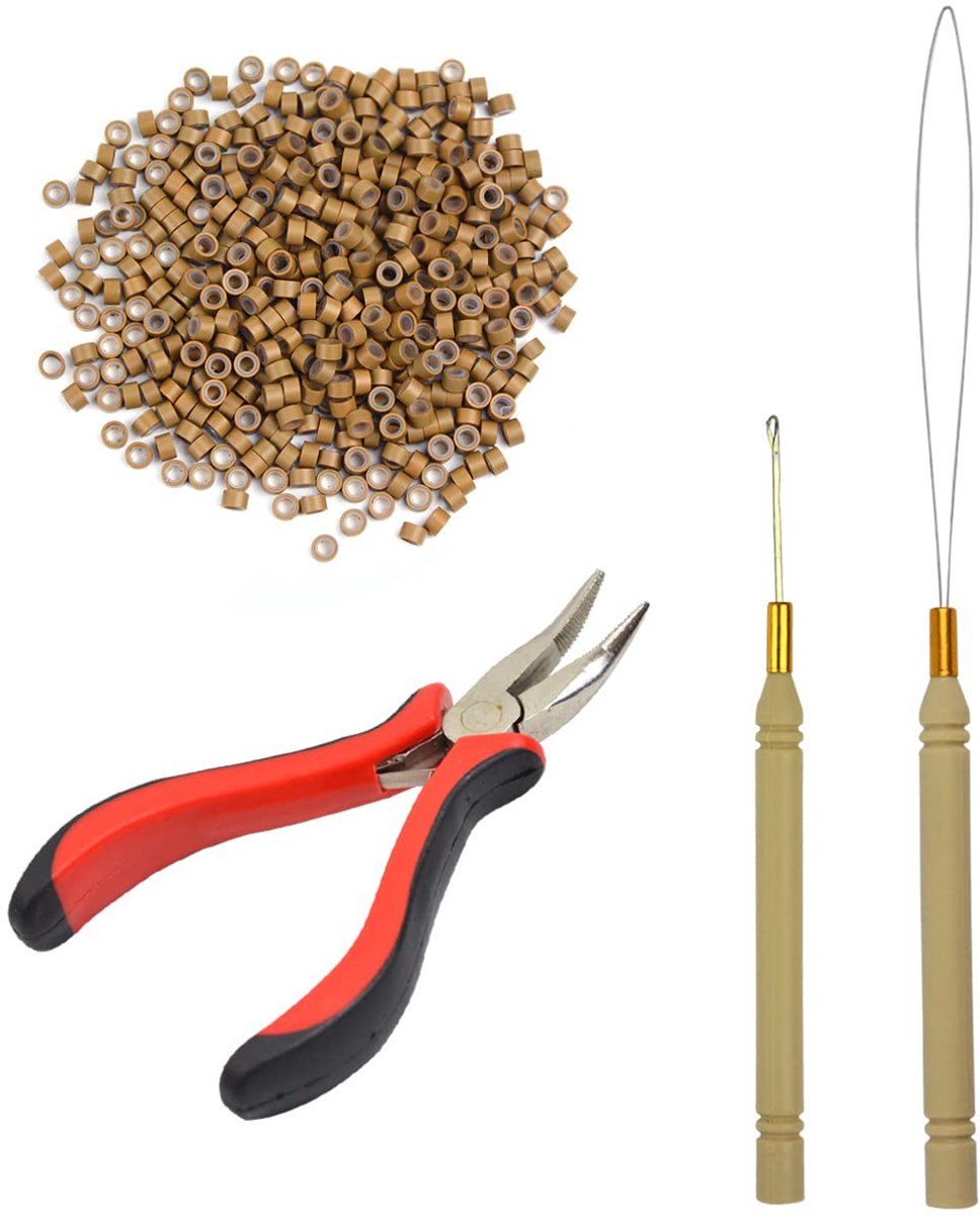 Haarverlengingsset met Microring Haartang, Microring-naaldinrijger, 1 Trekhaak en 500 stuks 5 mm Microringen (Bruin)