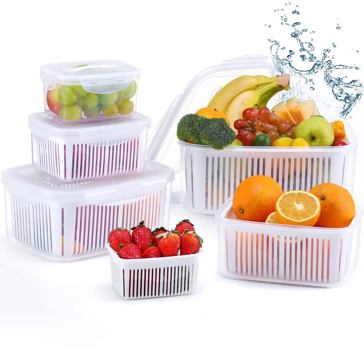 5 Set Frischhaltedosen Obst Gemüse met Deksel Zeef | 5,8L+3,8L+2,3L+1,3L+0,7L luchtdicht afsluitbaar, BPA-vrij Koelkastbox Set, vaatwasmachinebestendig, wit