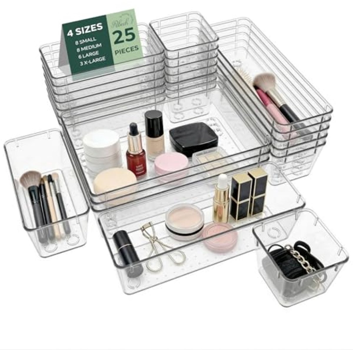 Huis Geluk Set van 25 LadeOrganizers - Transparant - 4 Formaten met Antislip, Stapelbaar - Opbergdozen voor Make-up, Keuken, Badkamer en Kantoor