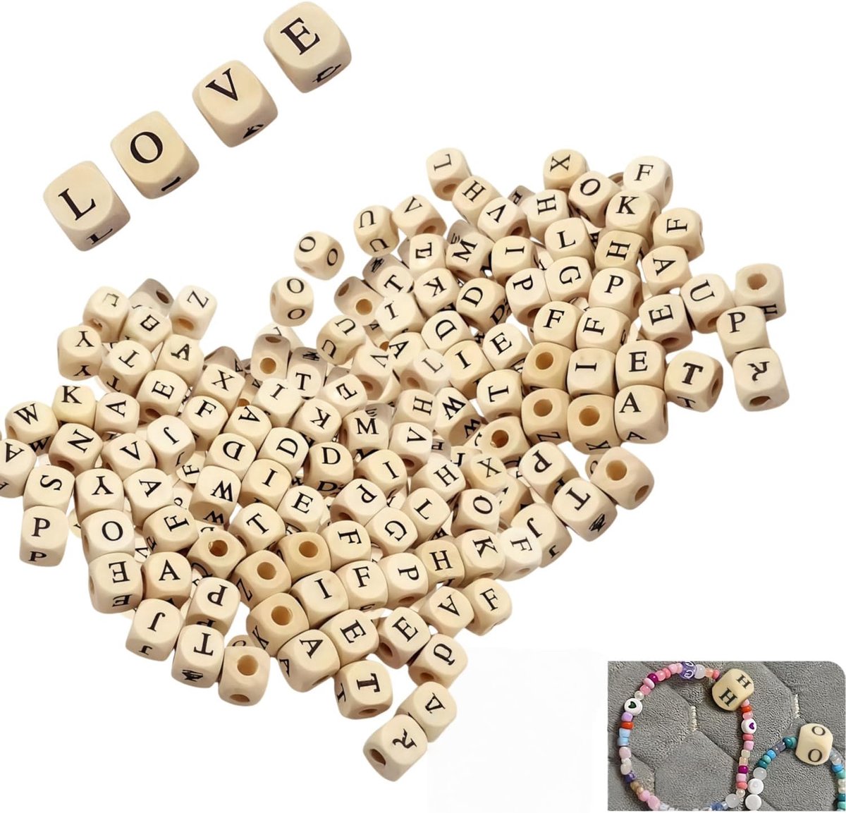 Kralen, vierkante kubus 10 mm, gesorteerd, houten kralen, groot gat, voor doe-het-zelf sieraden maken, handwerkspacer, kralen, bulk