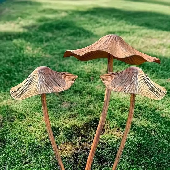 Tuinsteker in paddenstoelvorm, tuindecoratie, plugin, roest, grote paddenstoelen, tuindecoratie, grondpen voor bloembed, voor buiten, paddenstoeltuindecoratie (3 stuks) — afbeelding 5