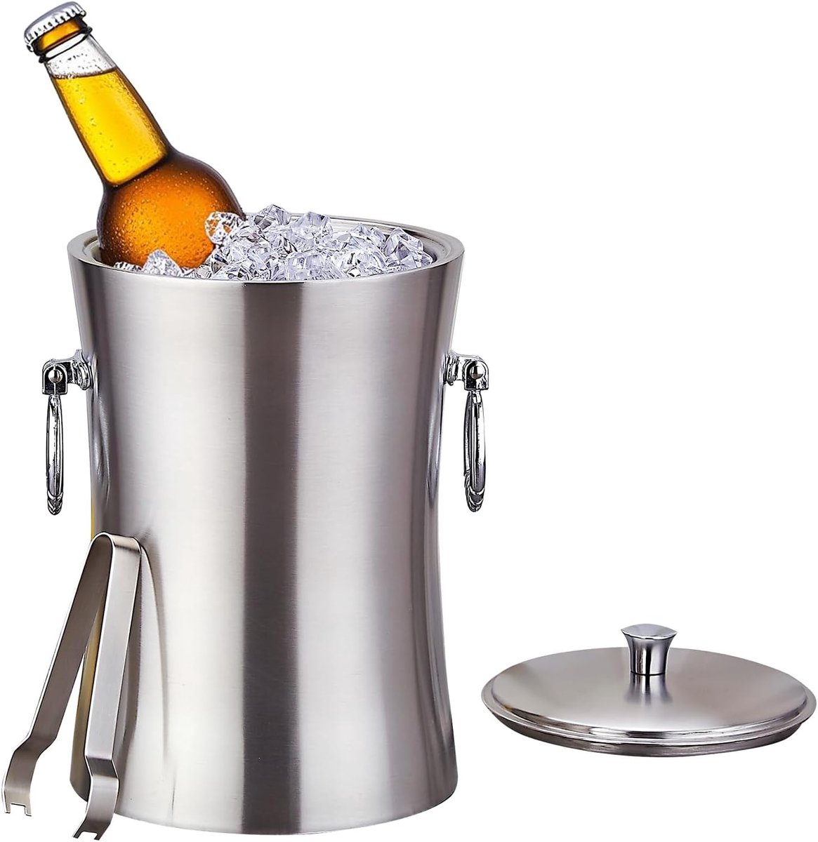 SnelShoppen - Grote ijsemmer 3 liter met deksel en tang - Roestvrij staal - Dubbelwandig - IJsblokjeshouder voor feest, camping, tuin en keuken