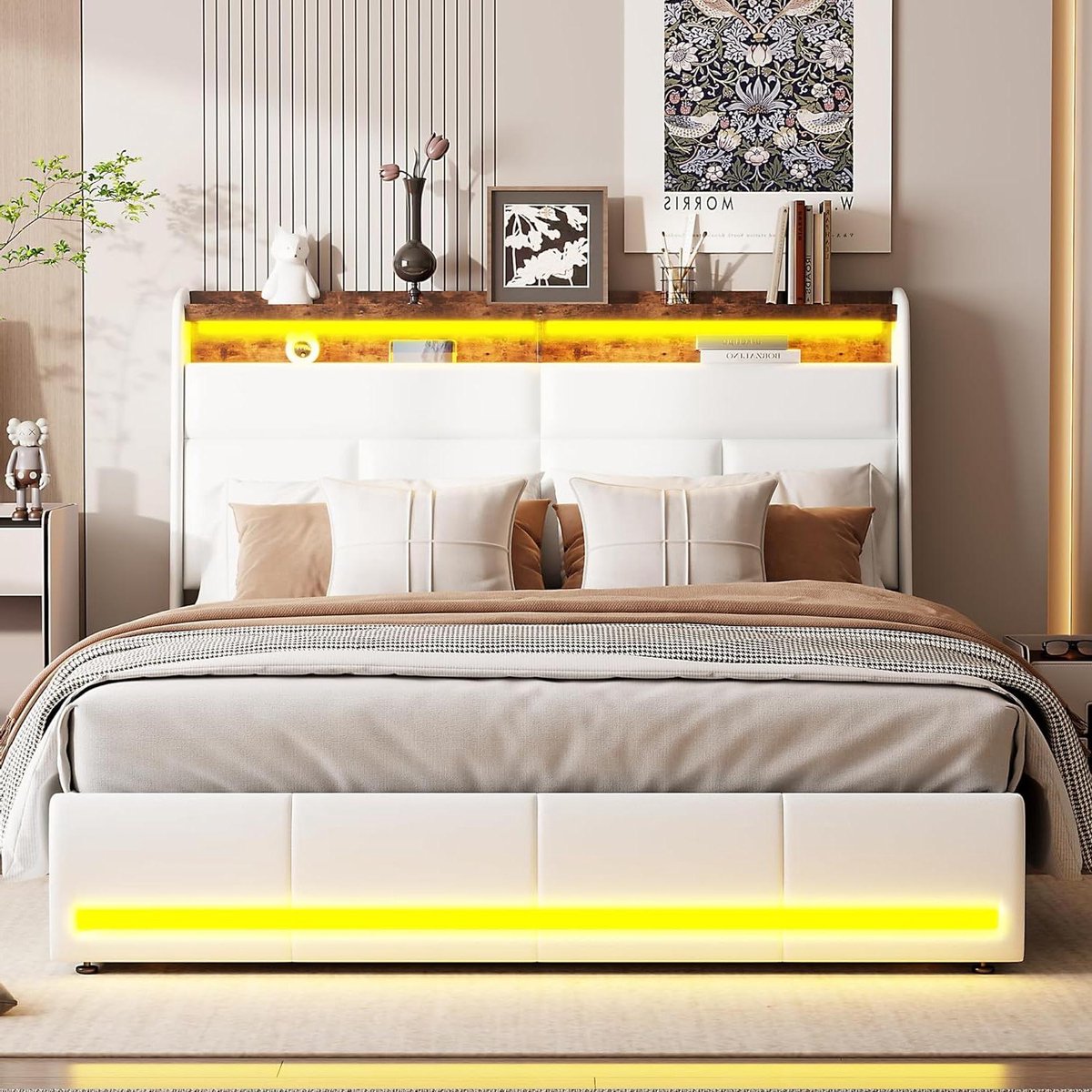 Gestoffeerd Tweepersoonsbed - Opbergbed Ledverlichting - Moderne Slaapkamer - Hydraulisch Opbergsysteem - 140x200 cm - Beige