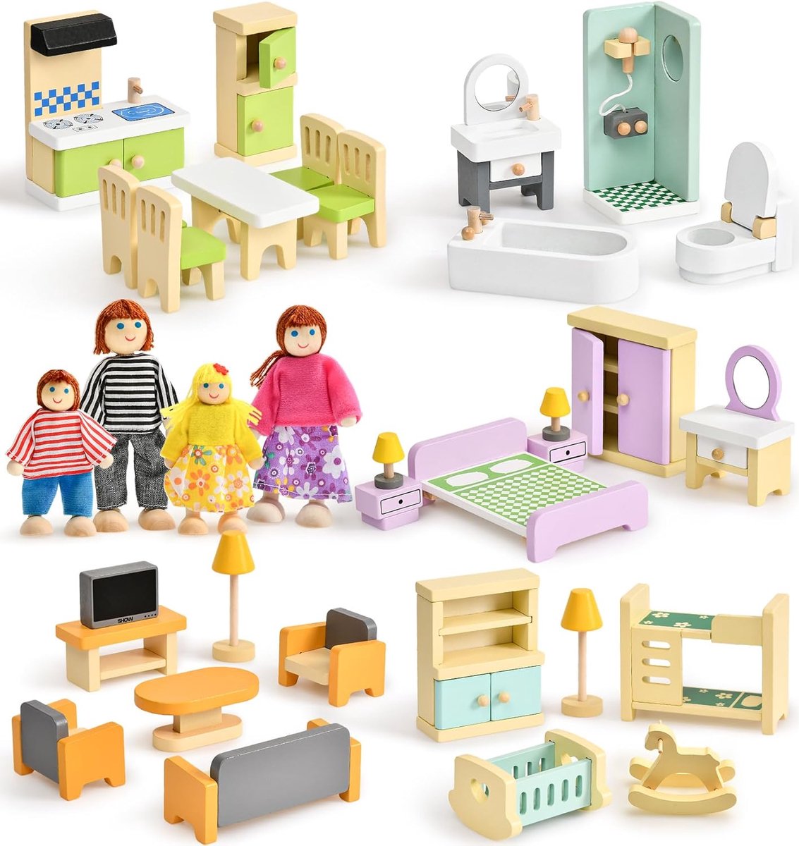 SnelShoppen - Kleurrijk poppenhuis meubelset van hout | Poppenaccessoires, speelgoed voor rollenspel, cadeau voor jongens en meisjes, peuters vanaf 3