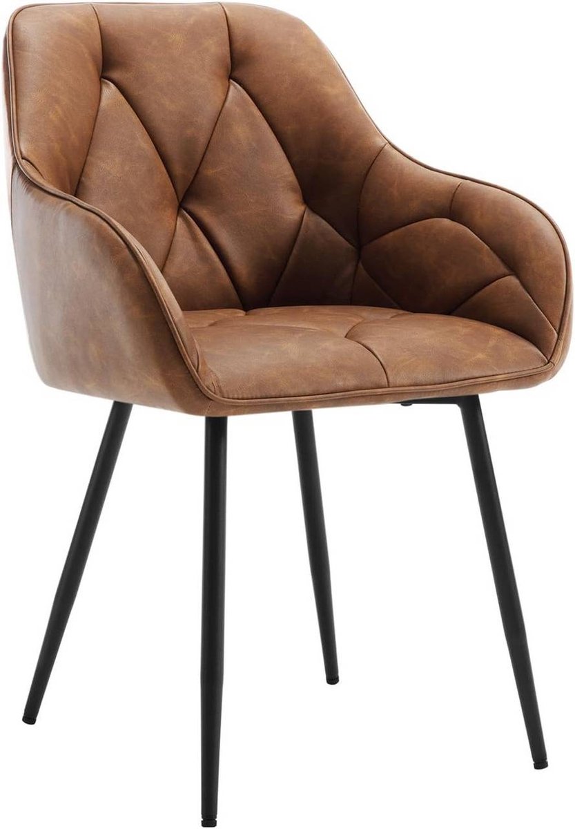 SureDeal® - Eetkamerstoel - Ergonomische armstoel - Vintage kunstleer - Metalen poten - 56x53x83,5 cm - Bruin