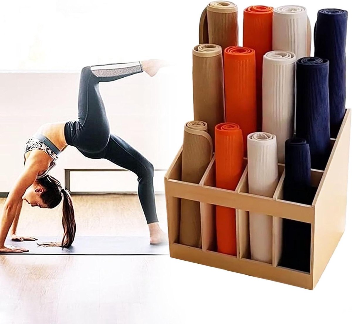 Houten Opbergrek - Mattenhouder Organizer - Yoga Kamer - 12 Vakken - 45x34x42 cm - Houtkleur
