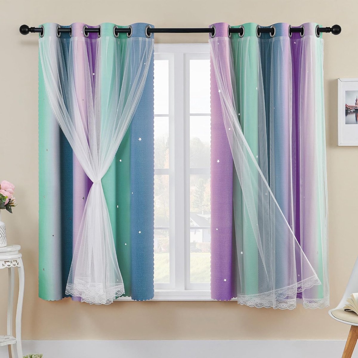 Regenbooggordijnen voor slaapkamer H160 × B132cm Decoratie uitgehoorde sterren thermisch geïsoleerde netgordijnen met ringen voor kinderen meisjes raambehandeling kamer
