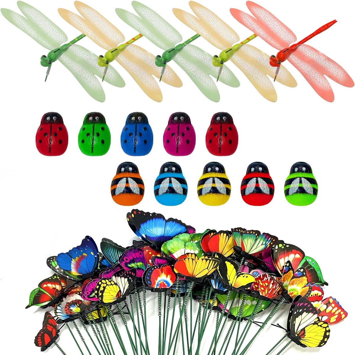 60 stuks tuindecoratie, vlinder, libelle, bij, lieveheersbeestje, imitatie, meerkleurig, insectendecoratie voor buiten, tuin, binnenplaats, binnenplaats