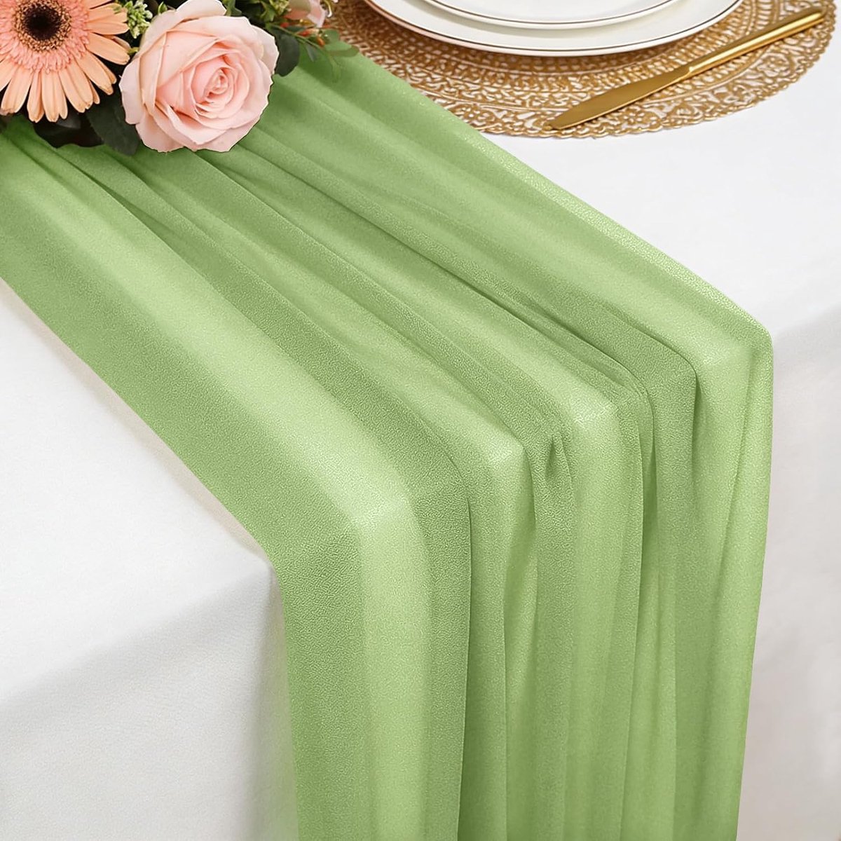 Tafelloper Grasgroen Chiffon, 77 x 300 cm Zachte en Comfortabele Tafelloper voor Boho-bruiloft, Feest, Doopdecoratie, Babyshower, Bruidsfeest, Keuken, Tafeldecoratie