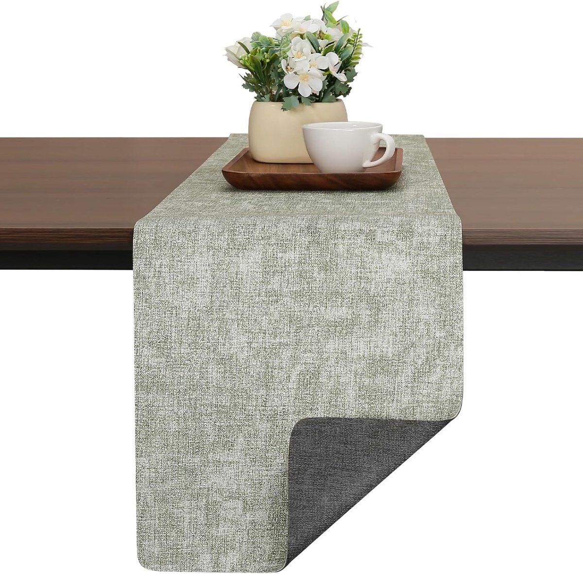 tafelloper van kunstleer, dubbelzijdig antislip, hittebestendig, afwasbaar, outdoor tafelloper voor bruiloft, verjaardag, feest, tafeldecoratie (grijs-groen, 30 x 240 cm)